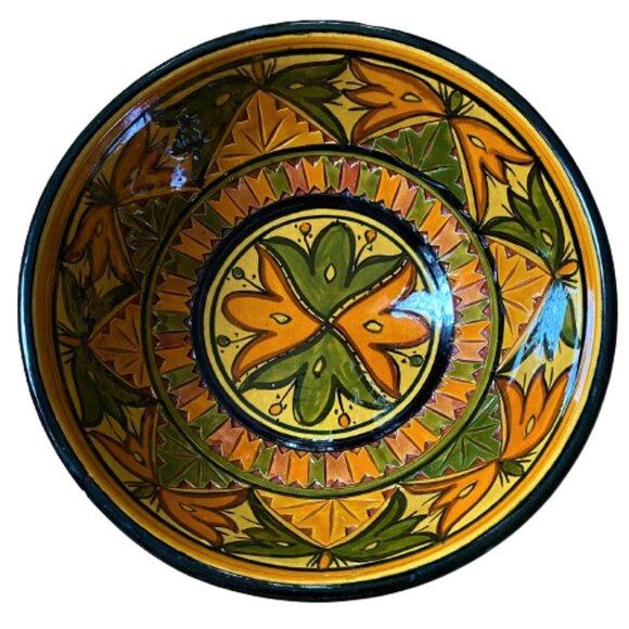 2/$40 Boho large hand painted Morocco clay bowl, signed - Picture 1 of 13